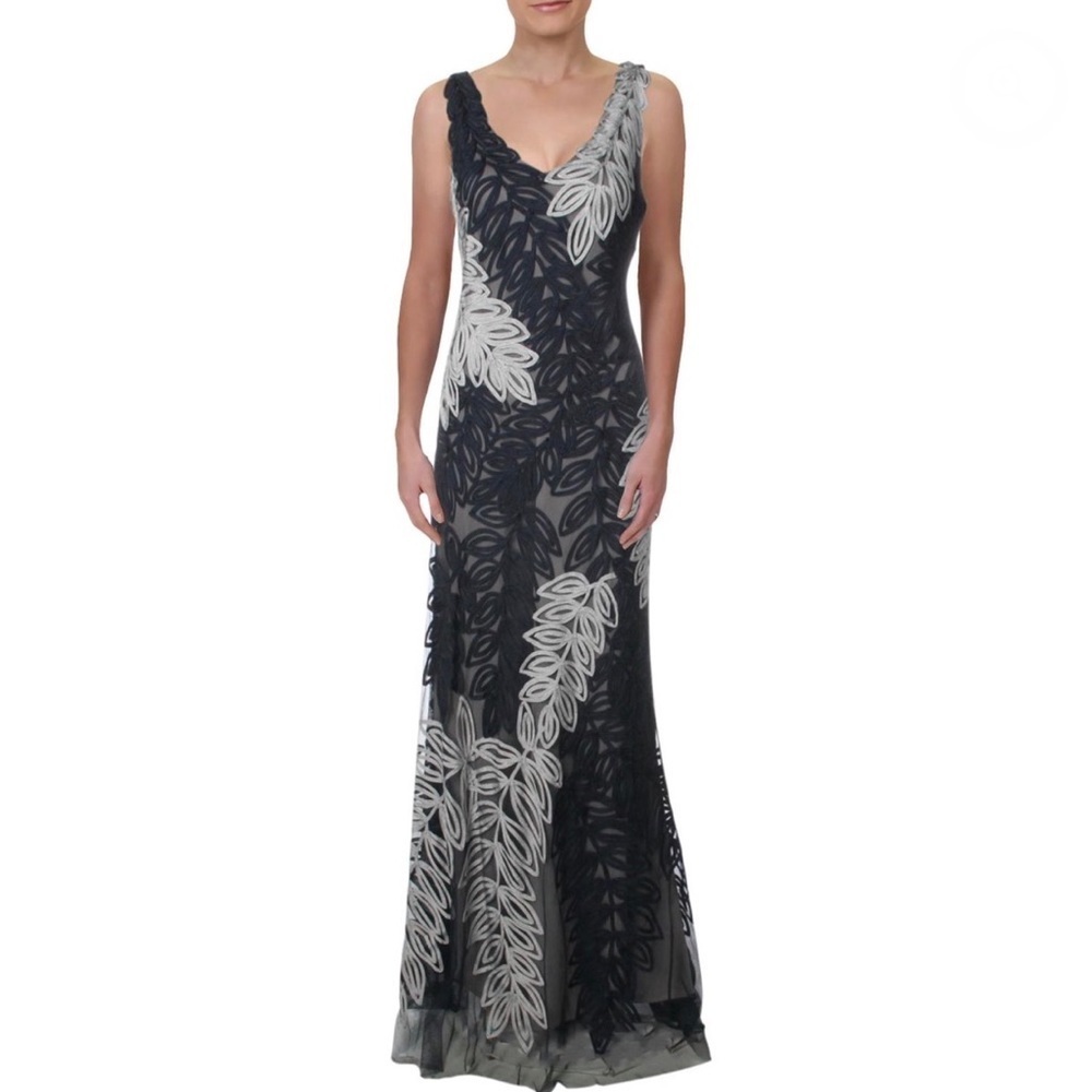 JS Collections Soutache Embroidered Leaf Gown in Navy/Cloud - Picture 2 of 16